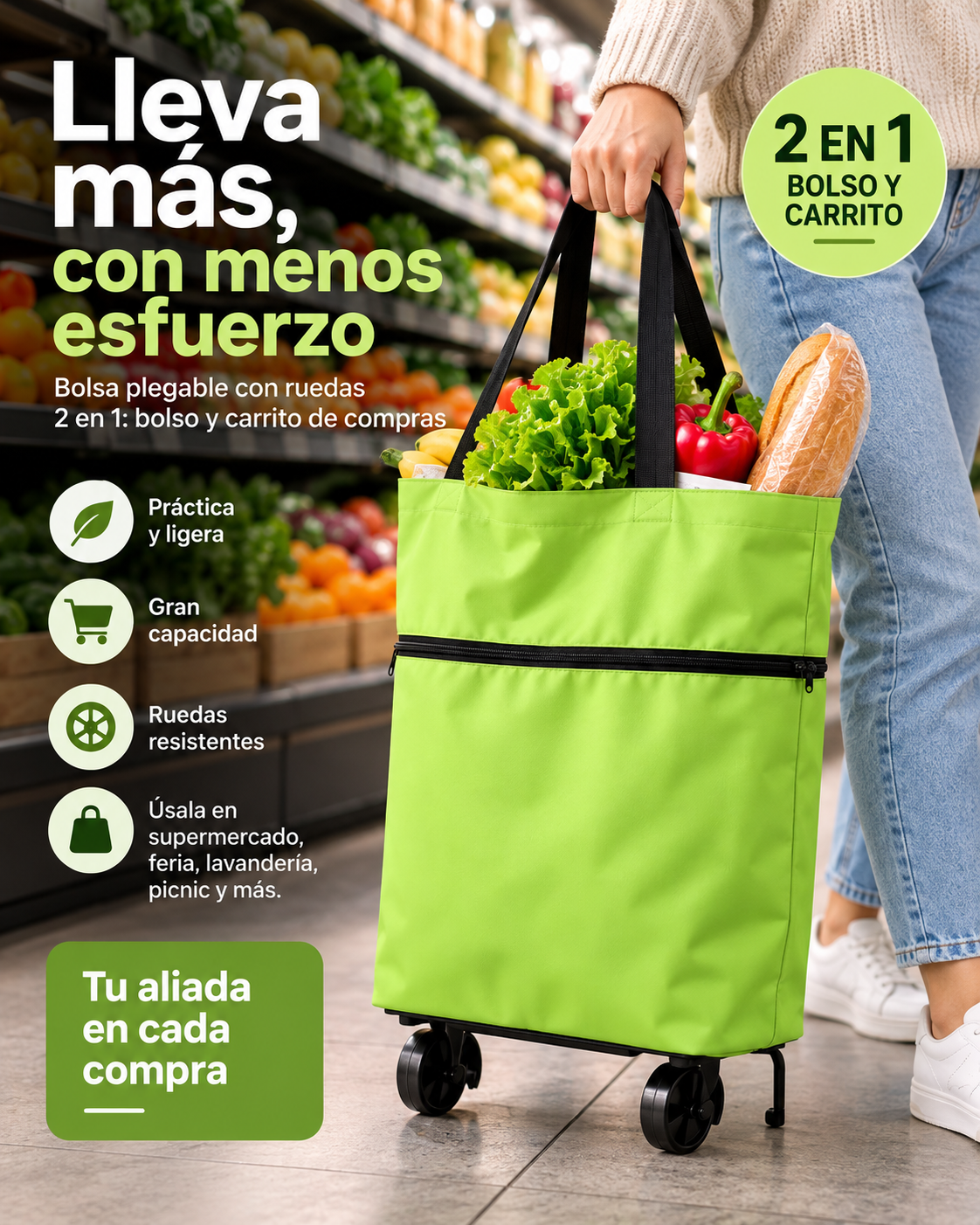 Bolso de Compras Plegable con Ruedas – Resistente y Fácil de Guardar