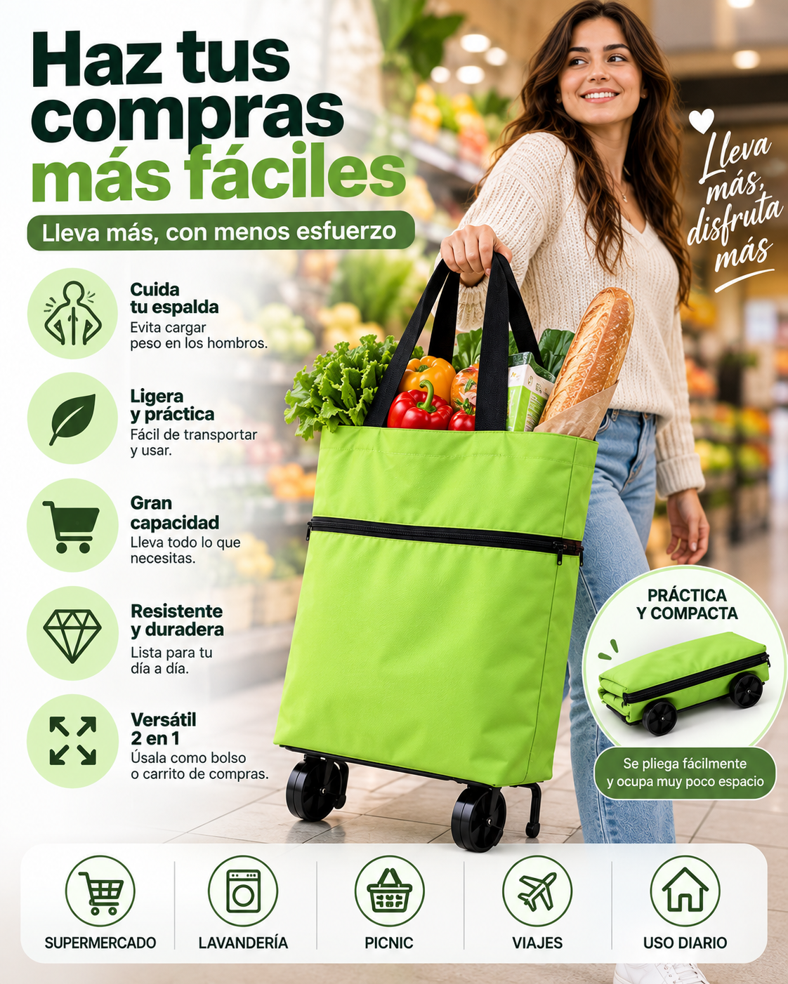 Bolso de Compras Plegable con Ruedas – Resistente y Fácil de Guardar