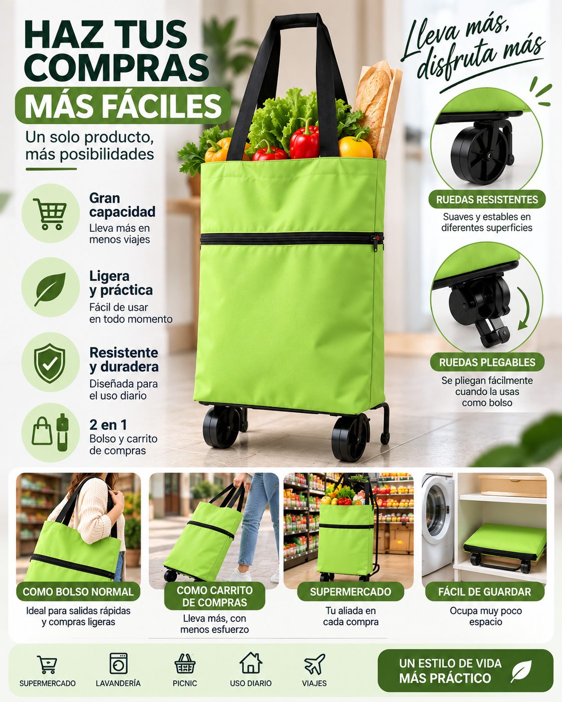 Bolso de Compras Plegable con Ruedas – Resistente y Fácil de Guardar