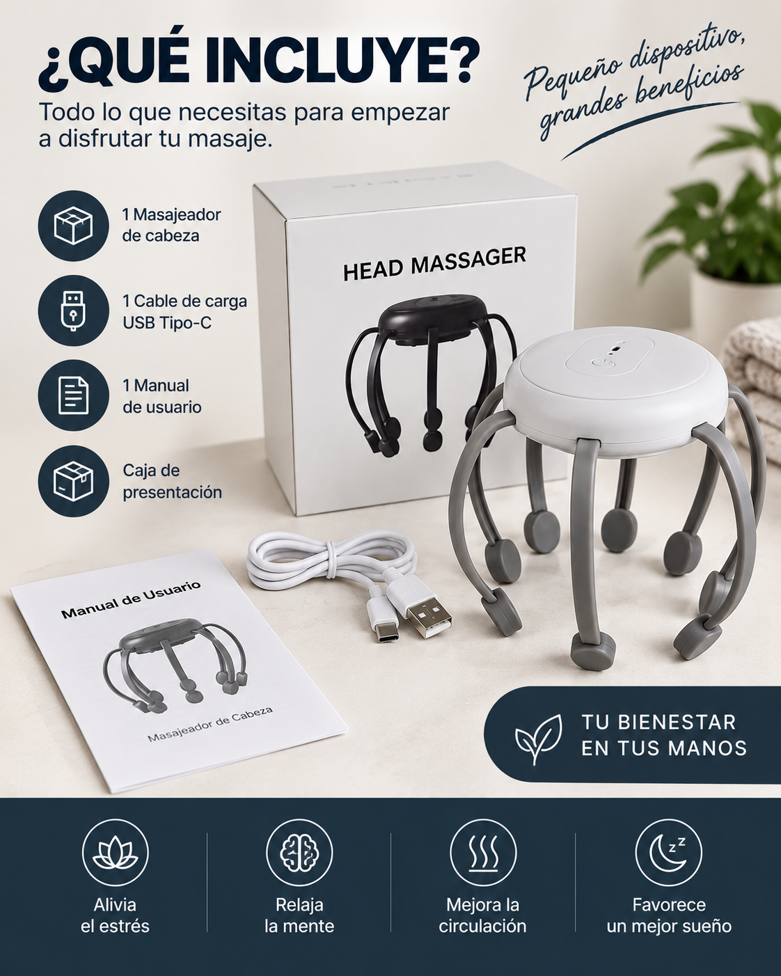 Masajeador de cabeza pulpo recargable USB - diseño portátil