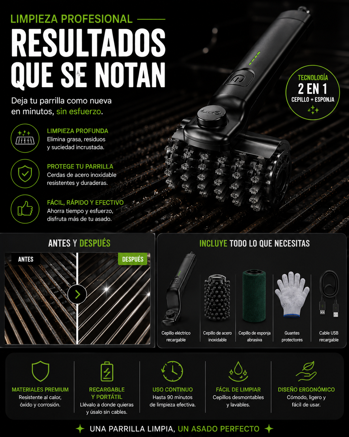 Cepillo Eléctrico Recargable para Parrilla | Limpieza Profunda sin Esfuerzo