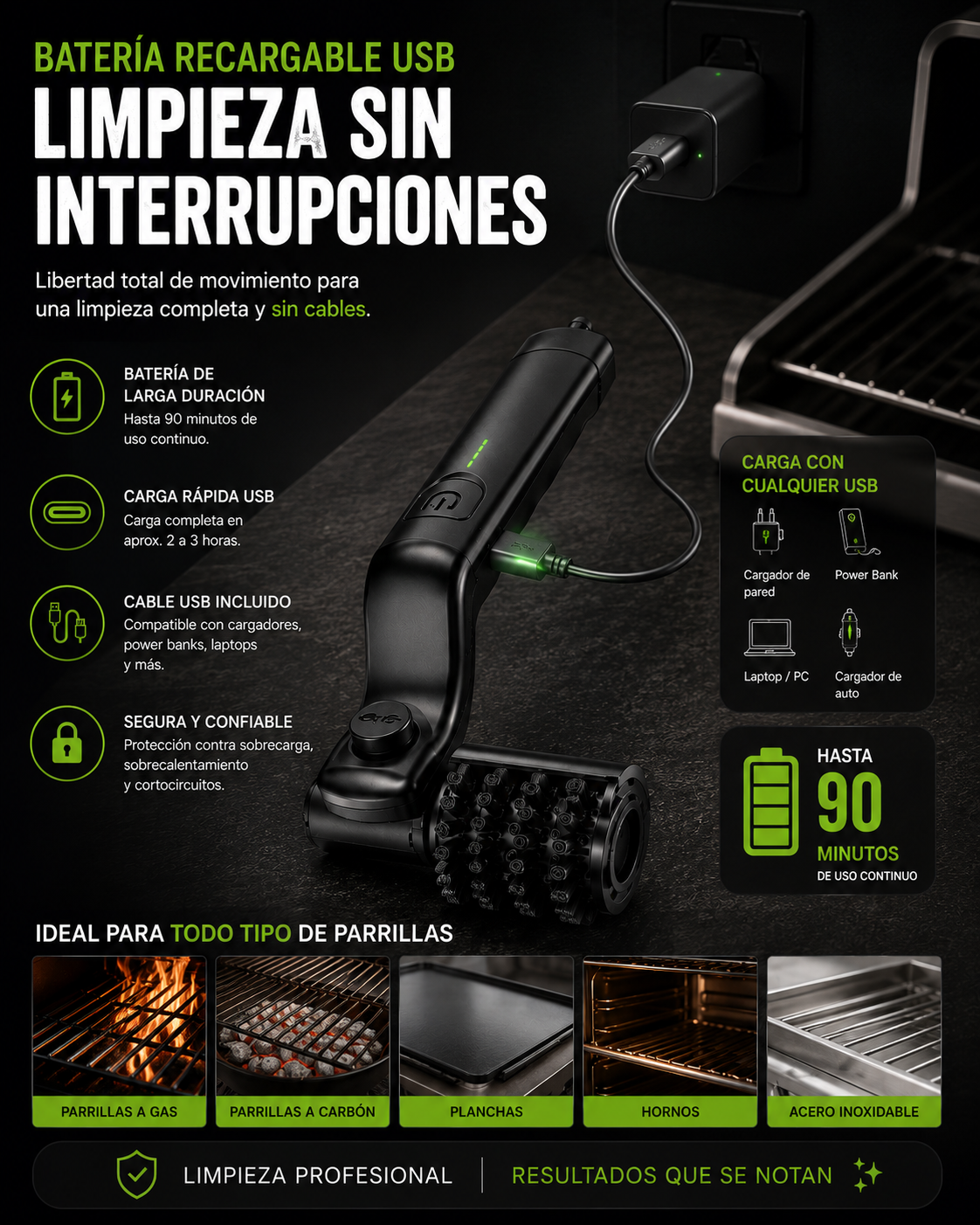 Cepillo Eléctrico Recargable para Parrilla | Limpieza Profunda sin Esfuerzo