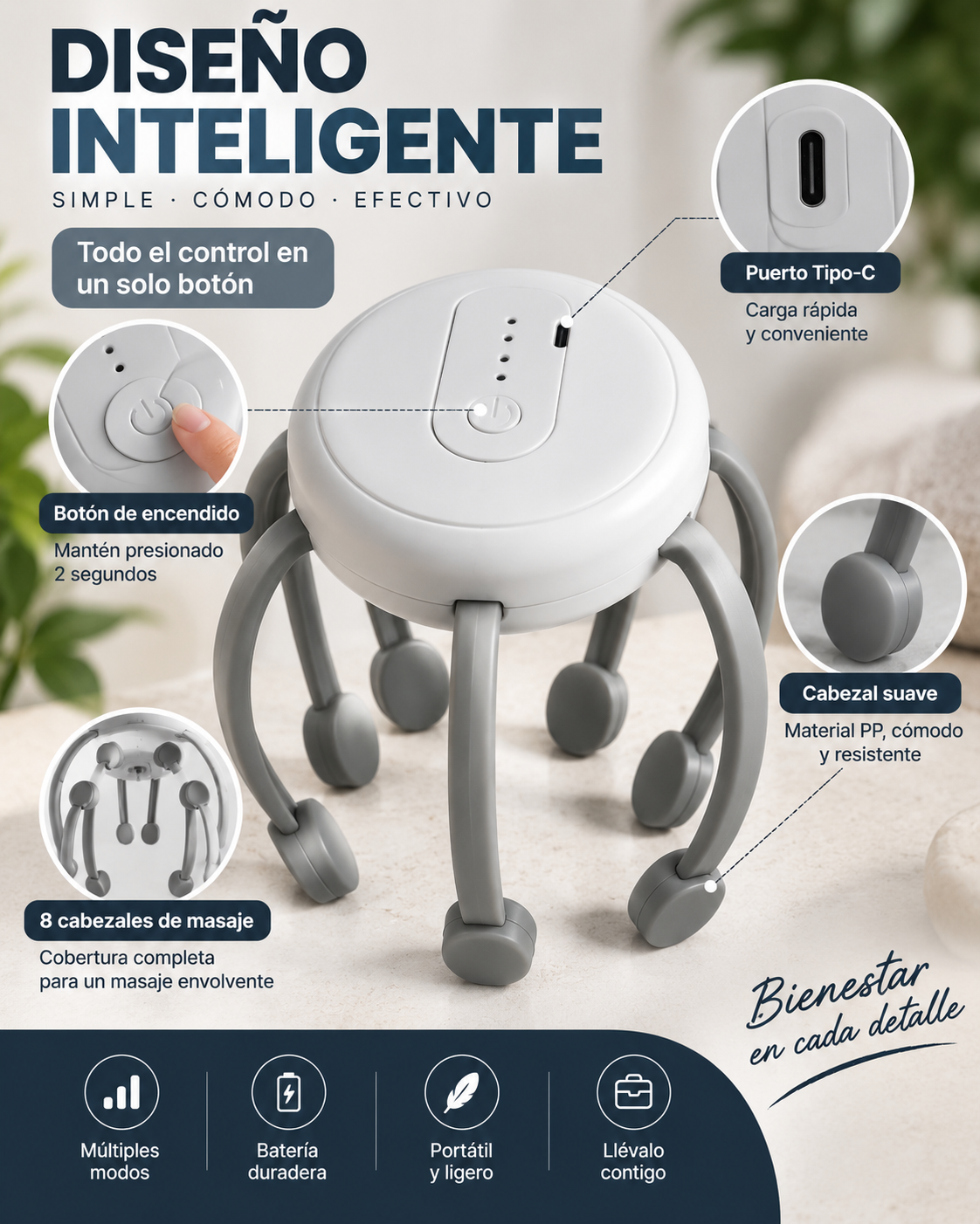 Masajeador de cabeza pulpo recargable USB - colores disponibles