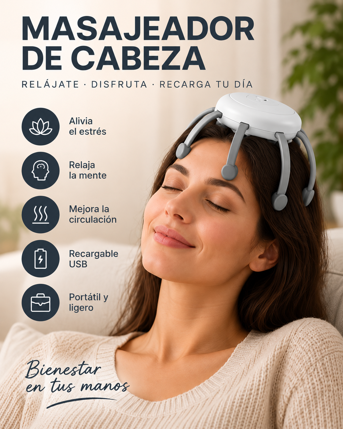Masajeador de cabeza pulpo recargable USB - vista del producto